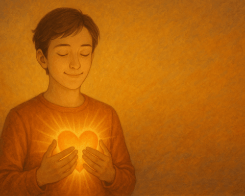 Eine Person meditiert in ruhiger Umgebung mit sanftem Lächeln.