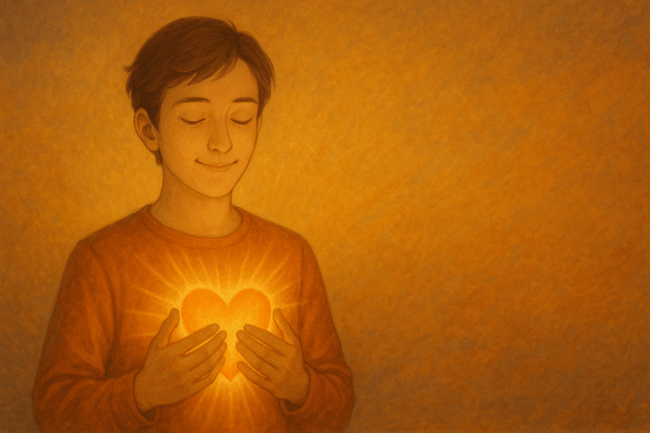 Eine Person meditiert in ruhiger Umgebung mit sanftem Lächeln.