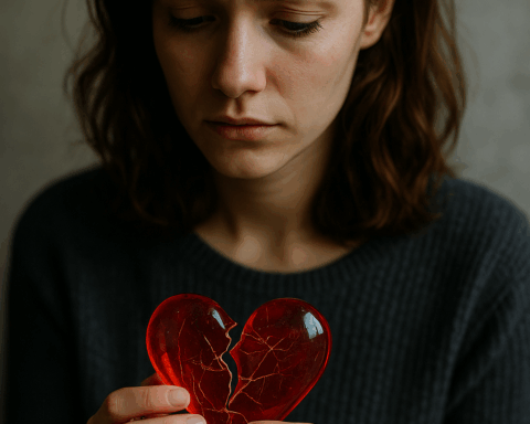 Eine Frau blickt nachdenklich auf ein zerbrochenes Herz aus Glas.