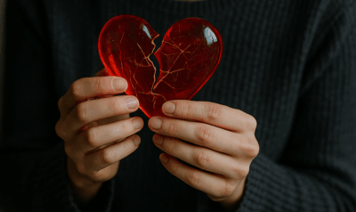 Eine Frau blickt nachdenklich auf ein zerbrochenes Herz aus Glas.