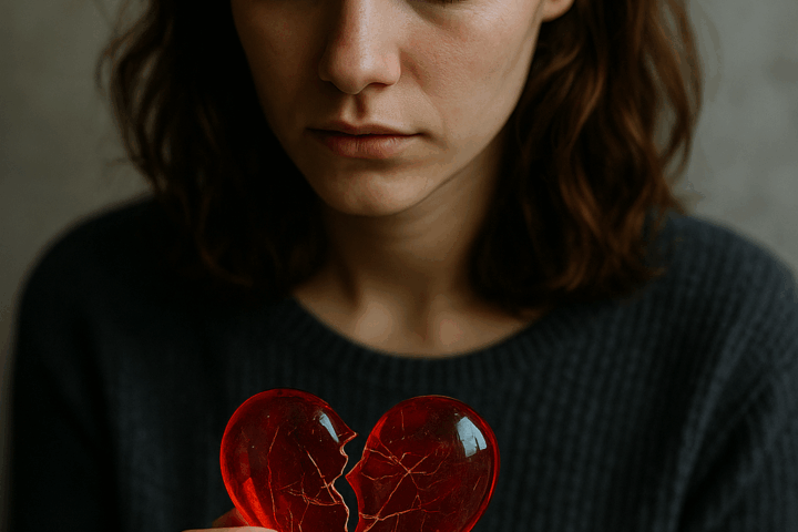 Eine Frau blickt nachdenklich auf ein zerbrochenes Herz aus Glas.